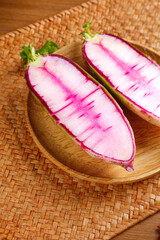 Shandong Watermelon Radish Slices with Pink Heart Pattern on Wooden Plate - Asian Vegetable Food Photography
