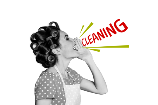Composite trend artwork sketch photo collage of retro picture vintage obsolete style young woman housewife say loud speak cleaning task