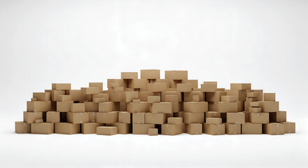 Large Pile of Cardboard Boxes on White Background, Wide arrangement of multiple cardboard boxes stacked together on a clean surface.