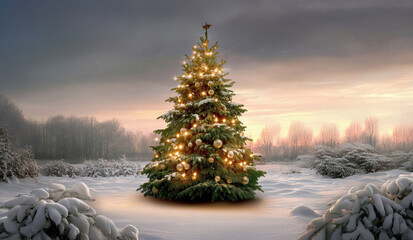 Christmas tree with lights with winter scenery