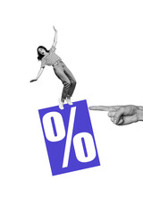 Vertical photo collage of astonished girl push finger percent fall inflation problem economy...