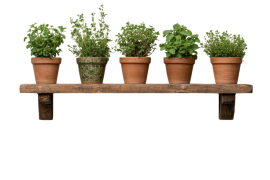 Herb Garden Shelf: A meticulously arranged shelf proudly displays a vibrant collection of potted herbs, creating a sense of rustic charm and culinary inspiration. 