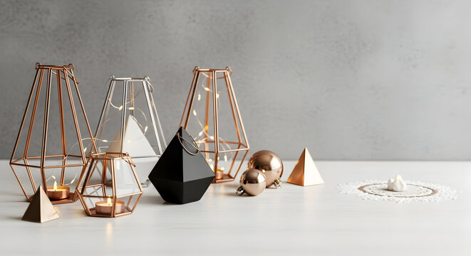 Elegant geometric lanterns and decorative ornaments creating a warm, inviting atmosphere perfect for stylish home decor and festive seasonal promotions