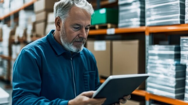 Caucasian senior industrialist using tablet for efficient supply chain and warehouse management - Powered by Adobe