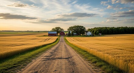 Obraz premium Golden Wheat Fields Stretch Towards a Remote Farmhouse Under a Vast Summer Sky