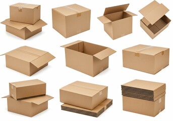 Variety of Brown Cardboard Boxes Isolated on White