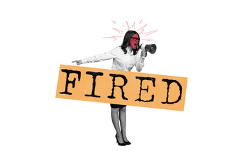 Composite photo collage of angry businesswoman boss hold megaphone scream announce cut stuff...