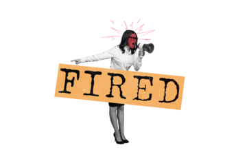 Composite photo collage of angry businesswoman boss hold megaphone scream announce cut stuff dismissal isolated on painted background