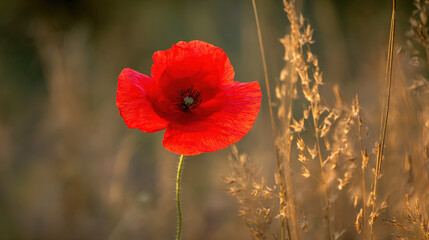 poppy. Close-up of a vibrant red poppy bathed in golden sunset light in a peaceful field. inspiring travel planning, gardening catalogs, designed for