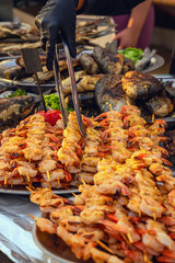 Grilled Shrimp Skewers. Description: Skewers of grilled shrimp being served with tongs at seafood stall. Concept of grilled seafood, barbecue, outdoor food festival