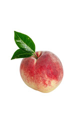 Fresh Ripe Peach with Green Leaves on White Background