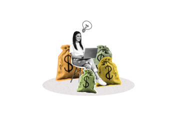 Composite photo collage of happy girl freelancer sit chair type laptop light bulb plan dollar bag income isolated on painted background