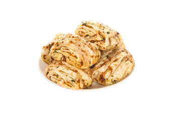 Savory Pork Scallion Pancake Rolls on White Plate Clean Background Food Photography