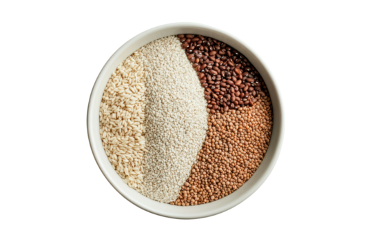 Colorful Grain Medley: A circular bowl overflows with an assortment of whole grains, displaying a vibrant mix of colors and textures, inviting a closer look at nature's pantry.
