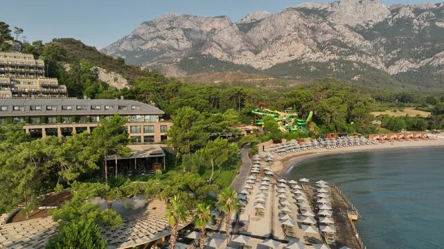 Aerial view of beautiful beach and luxury hotel NG Phaselis Bay