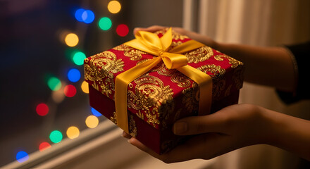 Elegant red and gold gift box with yellow ribbon held gently, perfect for festive occasions and heartfelt celebrations with bokeh lights