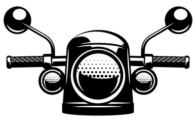 Motorcycle front view with handlebars mirrors and headlights in black monochrome silhouette style isolated on white background.