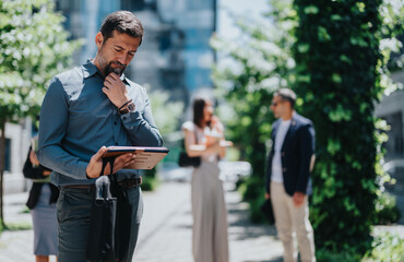 Man using a digital tablet in an urban outdoor setting, depicting work, teamwork, and communication. A softly blurred group of coworkers in the background suggests collaboration and networking.