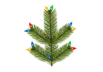 A stylized Christmas tree branch adorned with colorful mini lights against a black backdrop.