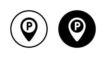 Parking location pin icon in black circle. Map marker with letter P symbol