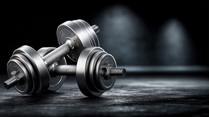 Pair of chrome dumbbells resting in dark gym setting, strength training tools. AI generated