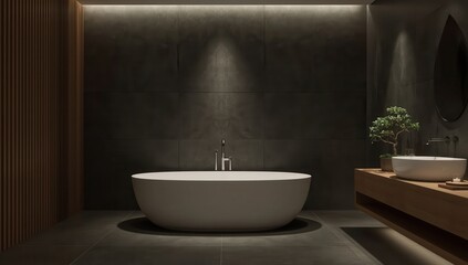 A minimalist bathroom featuring a freestanding tub, vanity with vessel sink, and modern design elements.