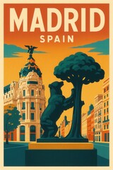 Illustration of the famous bear and strawberry tree statue with Gran Via architecture in Madrid Spain under a dramatic orange sky in vintage travel poster style