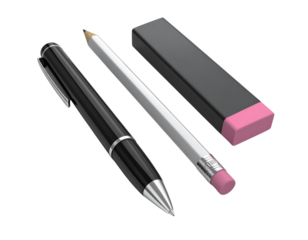  3D Modern Black Pen, Mechanical Pencil, and Pink Eraser, Isolated on Transparent Background PNG