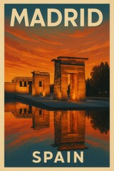 Twilight scene of the Temple of Debod in Madrid Spain depicted in travel poster style with warm sky hues reflected in calm water and trees silhouetted against the horizon