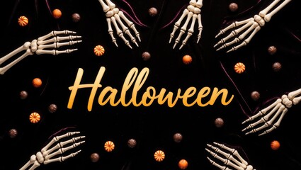 Elegant Skeletal Hands Arranging Dark Candy on Velvet Halloween