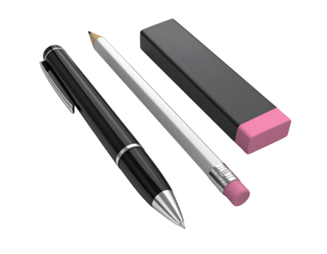 3D Modern Black Pen, Mechanical Pencil, and Pink Eraser, Isolated on Transparent Background PNG