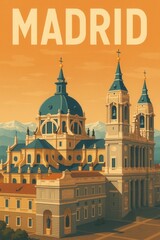 Fototapeta premium Illustration of Almudena Cathedral in Madrid Spain featuring blue domes and twin towers set against a backdrop of mountains and an orange-toned sky
