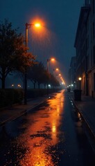 A solitary street lamp illuminates a dark, rain-slicked street at night, casting a warm glow on the pavement The scene evokes a sense of quiet solitude and urban atmosphere , nocturnal, dark, quiet