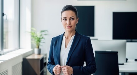 Confident businesswoman in blue suit in modern office