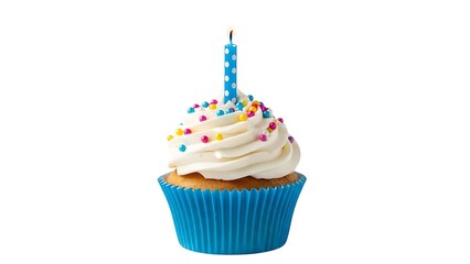 Delicious cupcake with vanilla frosting and a blue candle isolated on white background ready to celebrate
