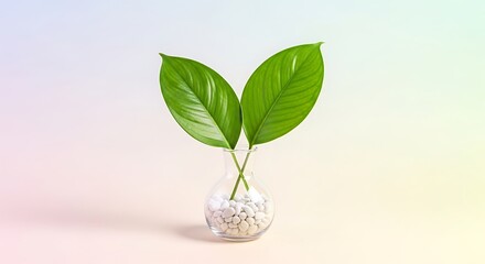 Two green leaves in a glass vase with white pebbles