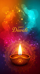 Celebrate Happy Diwali with vibrant colors and a glowing diya, perfect for festive greetings and holiday promotions with a touch of traditional elegance