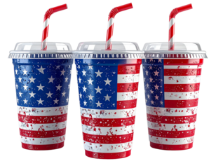  3D USA drink cups set with American flag pattern and straws isolated on transparent background PNG