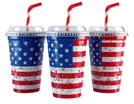  3D USA drink cups set with American flag pattern and straws isolated on transparent background PNG