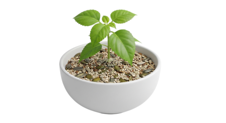 A young sprout pushing through a bed of seeds in a white bowl a symbol of hope and growth on a black