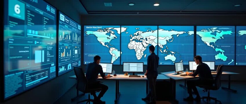 Air cargo systems being monitored in control center to optimize delivery and routing schedules for timely international freight transport in  Photo Stock  Concept  and empty space on the left side