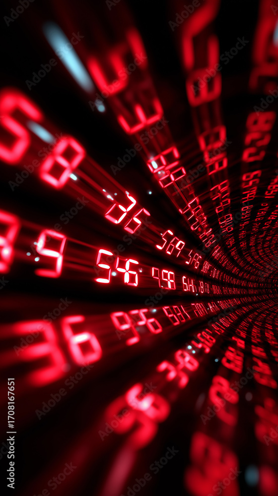 Poster abstract tunnel of glowing red numbers symbolizing digital data flow.