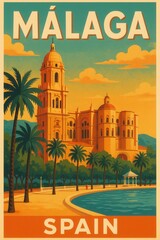Obraz premium Stylized sunset artwork of Málaga in southern Spain with the cathedral, palm-lined promenade, and oceanfront view under a colorful sky with warm hues