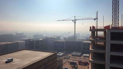 Aerial view of a construction site with concrete structures and distant crane in morning mist.