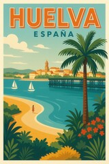 Obraz premium Scenic beach scene in Huelva, Spain showing a calm shoreline, palm trees, sailboats and a coastal town in the background on a sunny day with clear skies