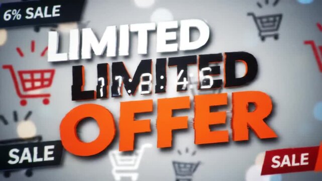 Animated background for a limited time flash sale featuring a countdown timer and shopping icons