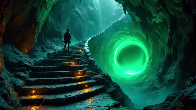 Person standing at the bottom of stairs leading to a glowing green por