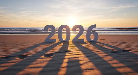 The year 2026 arrives on a sandy beach at sunrise, casting long shadows
