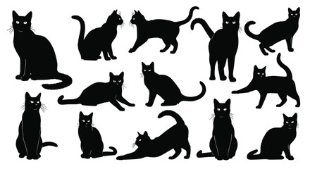 Black, cat, silhouettes, sitting, walking, stretching, lying, standing, animal, posture, feline, vector, illustration, motion, graphic, design, pet, shape, domestic, artwork