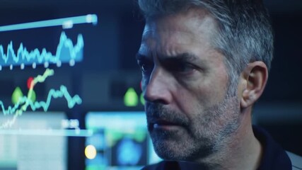 Intense Data Analysis: Man Scrutinizing Complex Financial Charts in Dark Room - Powered by Adobe